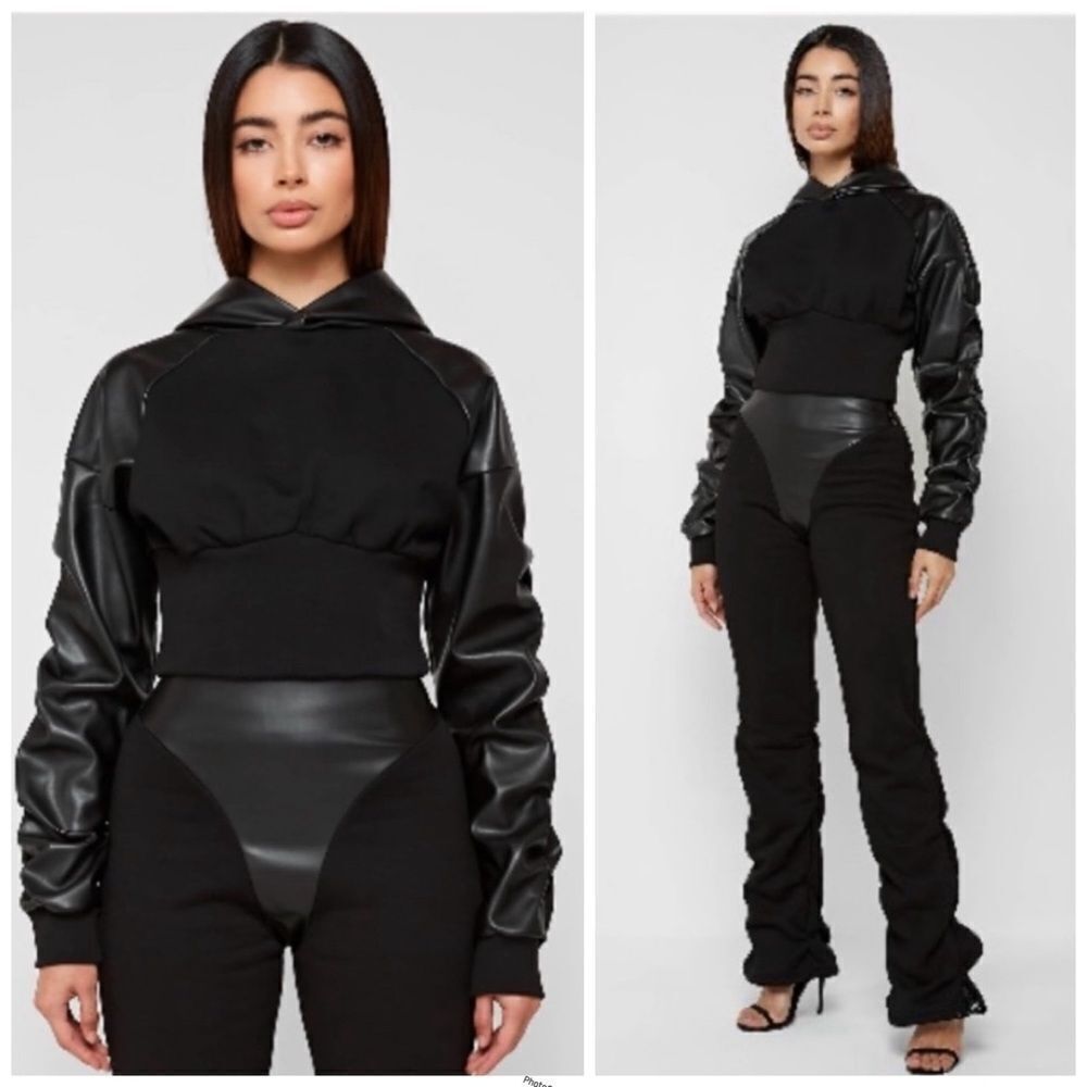 Maniere De Voir Black Jogger Faux Leather Trim Pants with Drawstring Ankle SZ 10